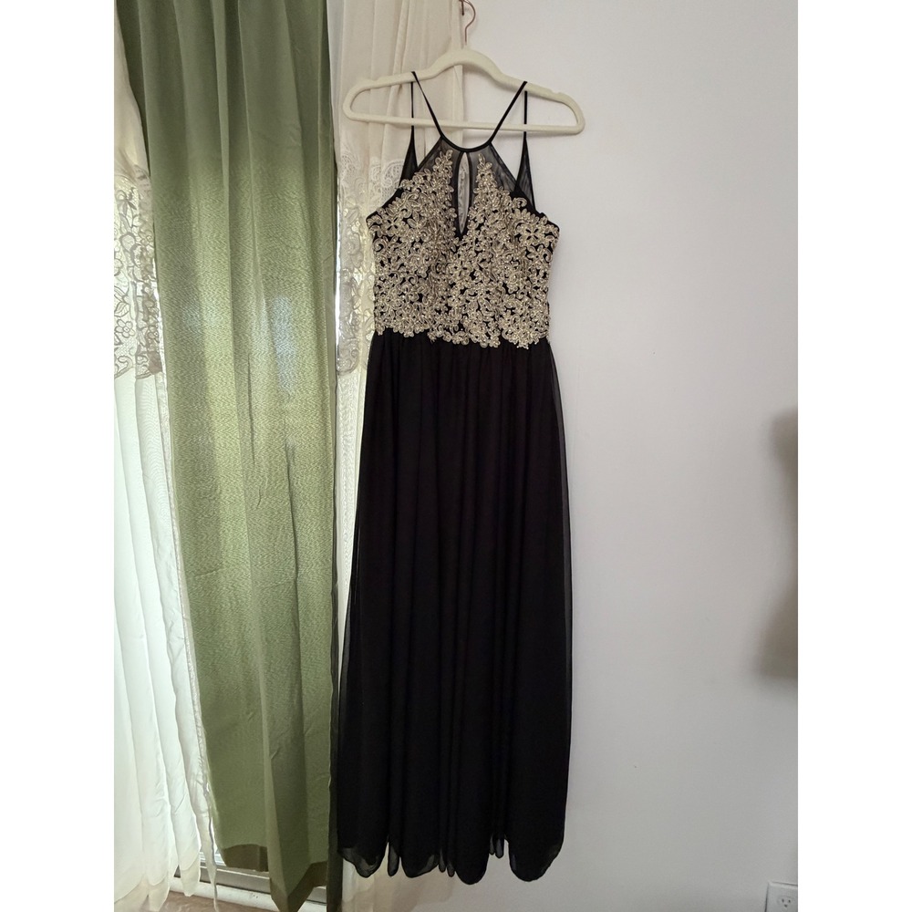 My Michelle Evening Gown Women Size 7 Black Gold Lace Rhinestone Prom Cocktail